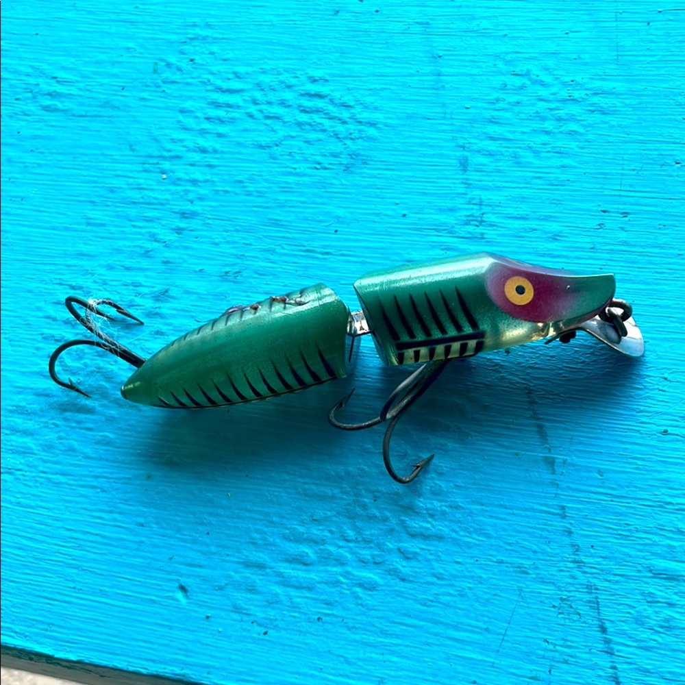 Vintage Heddon Jointed River Runt Spook Floater Green/Silver/Red/Yellow - Used